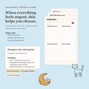 Puede incluir: Planificador imprimible para TDAH con fondo azul claro. El planificador incluye un filtro de decisiones y páginas de planificación. El texto de la imagen dice: "Cuando todo parece urgente, esto te ayuda a elegir". Incluye pegatinas digitales y una tarjeta de instrucciones.