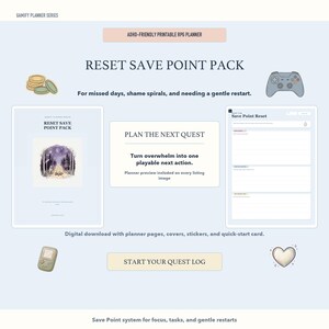 Op de afbeelding: Digitale download voor een RPG-planner voor ADHD. De afbeelding toont een omslag met een bosscène, plannerpagina's, een gamecontroller en de tekst "RESET SAVE POINT PACK". Inclusief stickers en een snelstartkaart.
