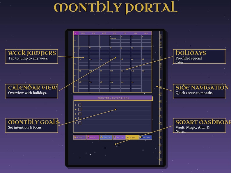 2026 ADHD Digital Planner Dark Mode | Witchy Goodnotes Planner iPad ...