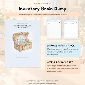 Può includere: Un pacchetto di pianificazione digitale intitolato Inventory Brain Dump con un'illustrazione di un forziere in legno pieno di pozioni e cristalli. Include 90 pagine con cinque layout, un indice collegato, una guida, copertine PDF e 12 adesivi PNG RPG.