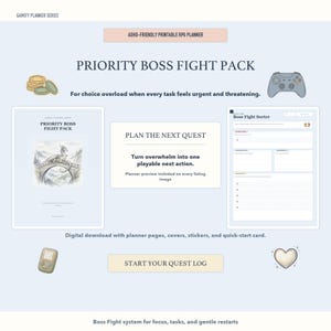 Könnte beinhalten: Digitale Download-Grafik mit dem Text "PRIORITY BOSS FIGHT PACK" und "ADHD-FRIENDLY PRINTABLE RPG PLANNER". Das Bild enthält einen Controller, eine Spielkonsole und ein Herzsymbol. Der Planer soll bei der Konzentration und bei Aufgaben helfen.