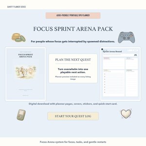 Könnte beinhalten: Digitaler Download eines druckbaren RPG-Planers mit dem Titel "Focus Sprint Arena Pack". Das Bild zeigt einen hellblauen Hintergrund mit Illustrationen eines Gamecontrollers, Münzen und eines Herzens. Der Text enthält "Plane die nächste Quest" und "Starte dein Quest-Log".