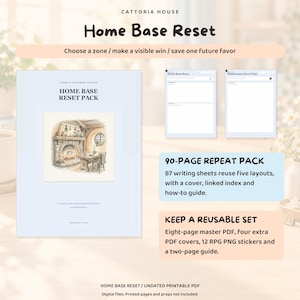 Op de afbeelding: Een digitale Home Base Reset Pack planner met een 90-pagina's tellend herhaalpakket, 87 schrijfbladen, vijf lay-outs, een omslag, gekoppelde index en handleiding. Bevat een herbruikbare set met een master-PDF van acht pagina's, vier extra PDF-covers, 12 RPG PNG-stickers en een gids van twee pagina's. De omslag toont een illustratie van een open haard.