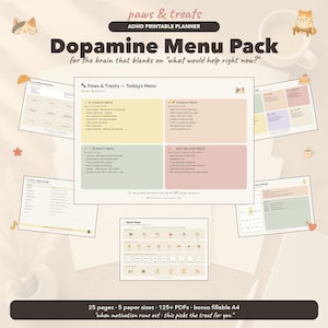 May include: A set of printable planner pages titled "Dopamine Menu Pack" and branded "Paws & Treats." The pages feature a "Today's Menu" section and are in various colours. The bottom of the image reads "25 pages - 5 paper sizes - 125+ PDFs - bonus fillable A4."