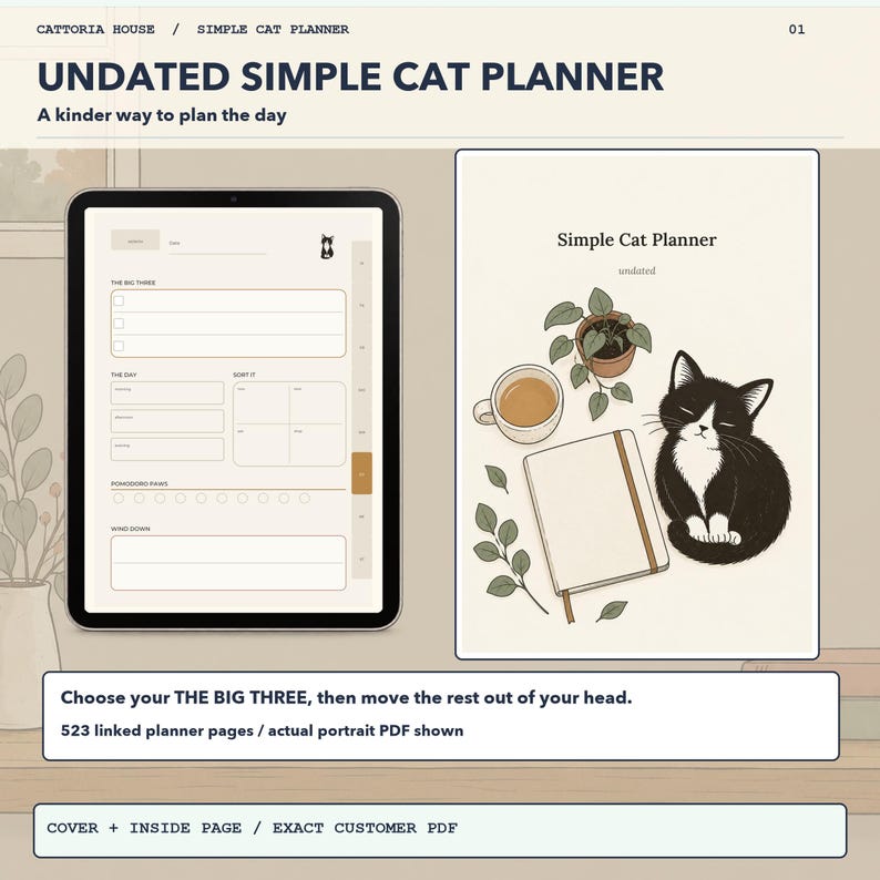 Undated ADHD Digital Planner for Goodnotes: Cozy Cat Daily & Weekly PDF ...