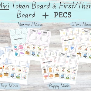 Pode incluir: Um conjunto de Mini Token Boards e First/Then Boards com PECS, com temas como Mermaid Minis, Stars Minis, Toys Minis e Puppy Minis. Cada quadro tem espaços para fichas e dicas visuais.