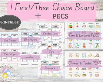 PINK STRIPES - First/Then Choice Board + PECS - Printable - Visual supports, Communication aids