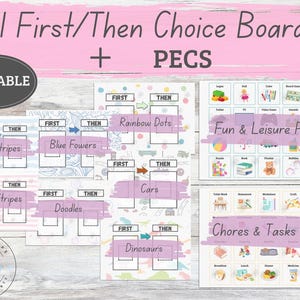 Könnte beinhalten: Ein druckbares "I First/Then Choice Board + PECS" Set. Enthält Tafeln mit Designs wie blauen Streifen, Blumen und Dinosauriern sowie PECS für Spaß, Freizeit, Hausarbeiten und Aufgaben. Die Tafeln haben "First" und "Then" Abschnitte.