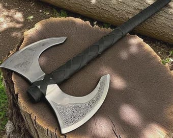 Hand Forged Viking Double Head Axe – Medieval Replica, Ash Wood