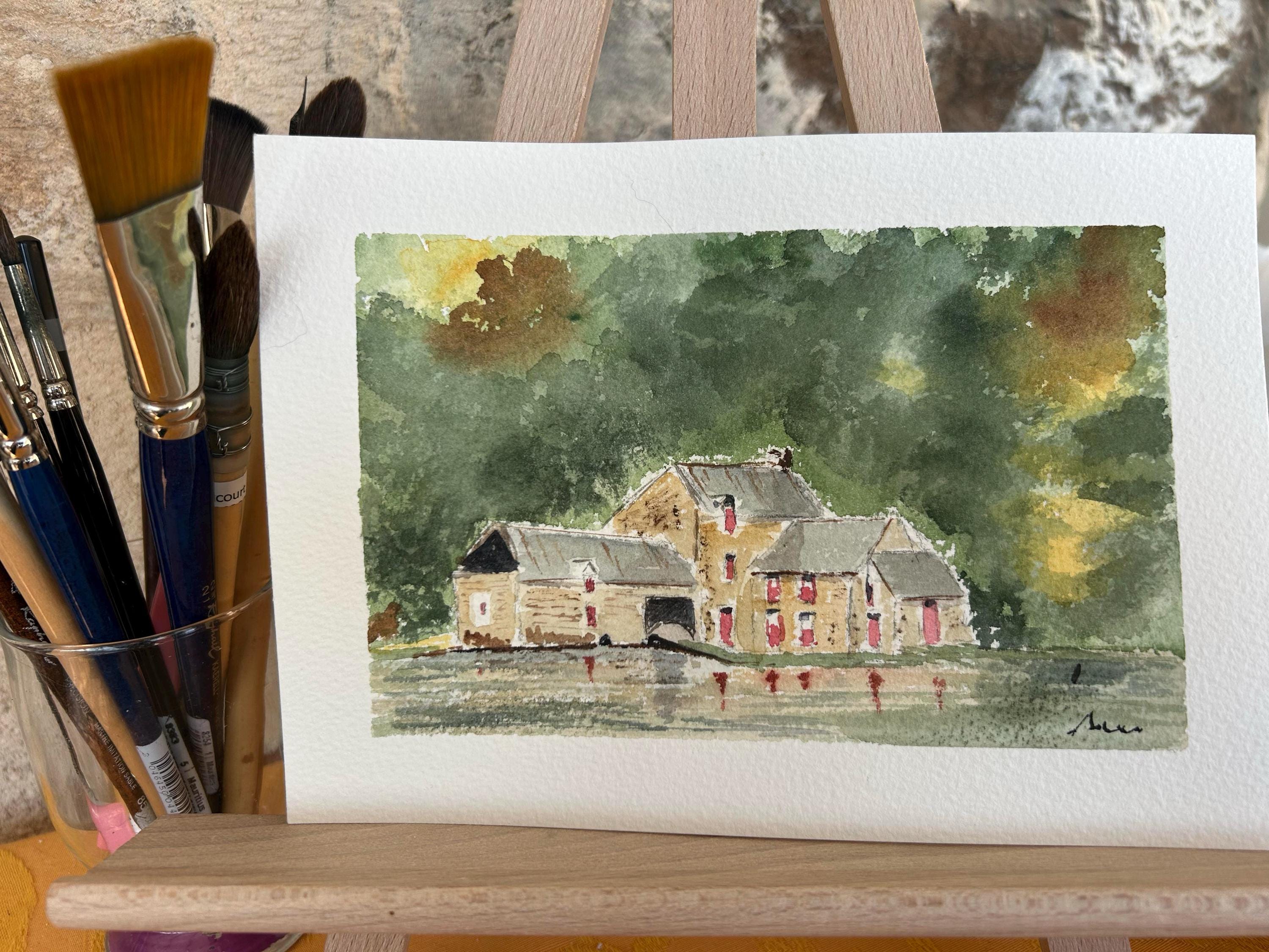 Aquarelle Originale Signée - Paysage Impressionniste Avec Moulin à Eau, Peinture Ancienne