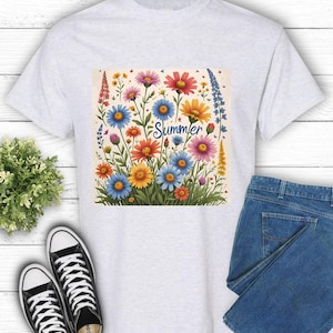 T-shirt unisexe en coton épais à imprimé floral d&#39;été, chemise décontractée d&#39;été, cadeau pour elle, t-shirt floral, t-shirt style vintage, t-shirt à l&#39;ambiance estivale