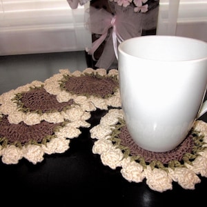 Crochet Flower Coaster Set with Pot: Handmade Cotton Drink Coasters