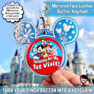 Mickey Button Backer Keychain Button Holder  Button Frame Celebration Button Accessory  MIRRORED Silver with blue/pink reflections