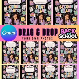 May include: A digital template set for back-to-school composition books featuring a black background with colorful doodles of school supplies, globes, and backpacks. Each design includes a space for a photo and text for grades kindergarten through ninth.