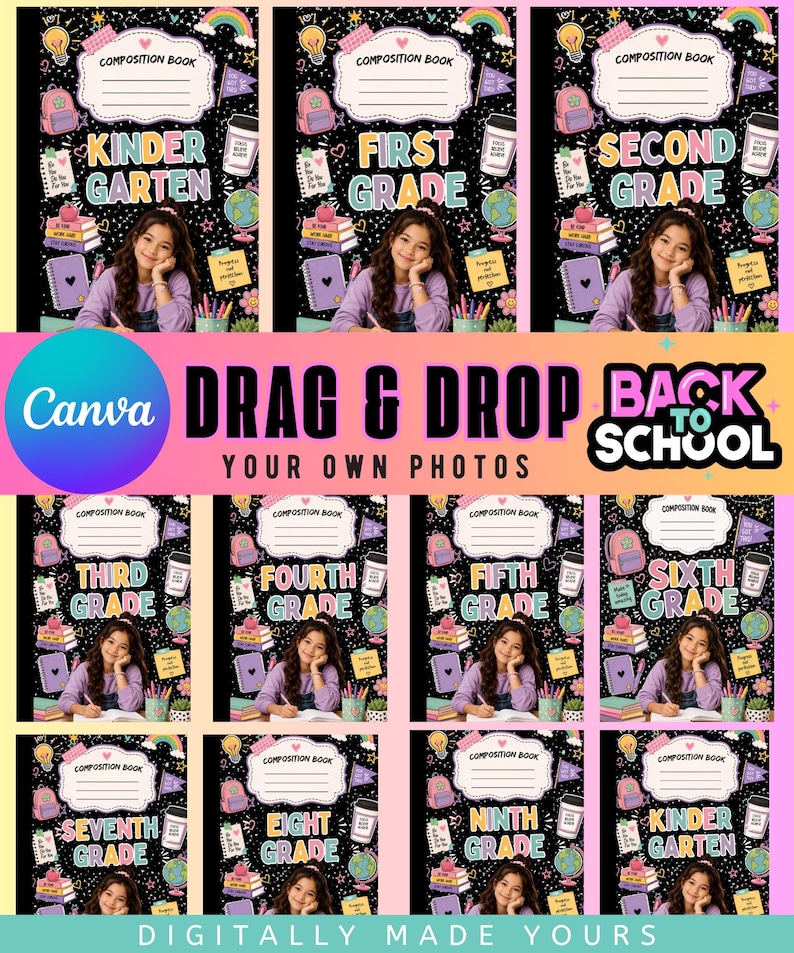 May include: A digital template set for back-to-school composition books featuring a black background with colorful doodles of school supplies, globes, and backpacks. Each design includes a space for a photo and text for grades kindergarten through ninth.