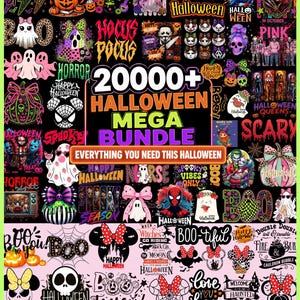 May include: A digital collection of 20000+ Halloween graphics featuring ghosts, skulls, pumpkins, and horror characters. The bundle includes various colourful designs with text like Hocus Pocus, Spooky, and Boo, presented in a collage format.