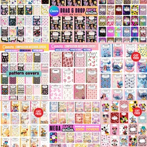 May include: A collection of digital composition notebook covers featuring diverse patterns, including floral, leopard print, cartoon characters like Stitch and Winnie the Pooh, and grade-level designs, all sized at 16.5x23.3 inches for editing in Canva.