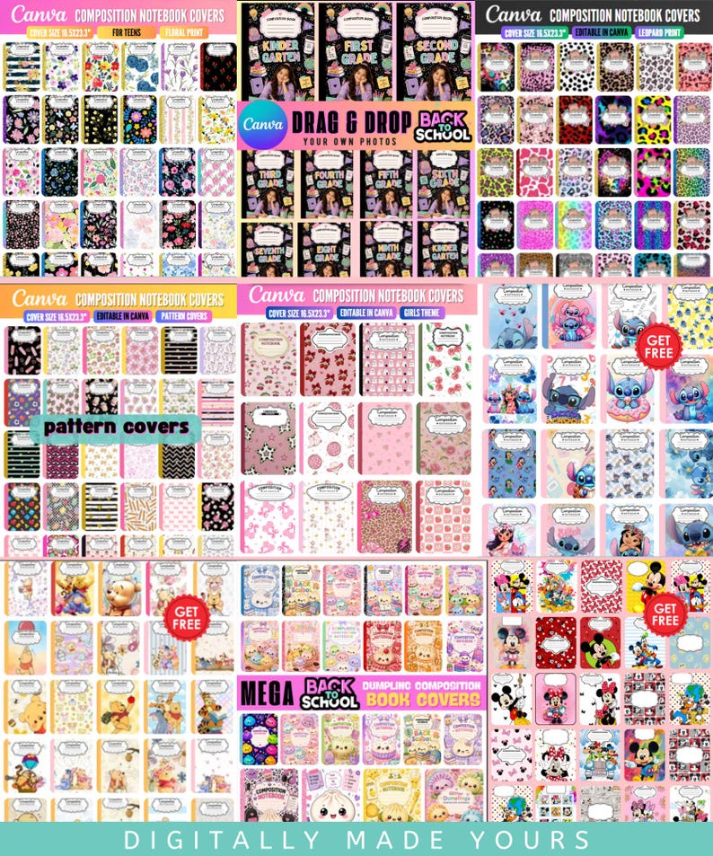 May include: A collection of digital composition notebook covers featuring diverse patterns, including floral, leopard print, cartoon characters like Stitch and Winnie the Pooh, and grade-level designs, all sized at 16.5x23.3 inches for editing in Canva.
