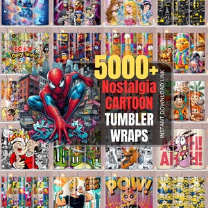 Puede incluir: Una colección digital de más de 5000 diseños de envoltorios para vasos con dibujos animados nostálgicos, incluyendo personajes como Spider-Man, princesas de Disney, Batman, Garfield, Winnie the Pooh, Los Picapiedra, Popeye y Johnny Bravo.