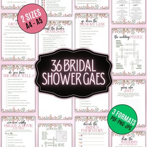 May include: A collection of printable bridal shower game sheets featuring floral borders, black text, and pink accents. The set includes various activities like word puzzles, trivia, and creative prompts, with labels indicating 2 sizes and 3 formats.