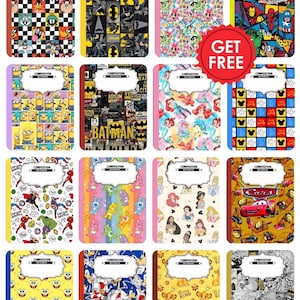 May include: A collection of sixteen composition notebooks featuring various cartoon and superhero character patterns, including Looney Tunes, Batman, Marvel, Minions, The Little Mermaid, Mickey Mouse, Care Bears, Disney Princesses, Cars, SpongeBob, Sonic, and The Lion King.