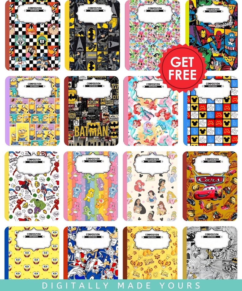 May include: A collection of sixteen composition notebooks featuring various cartoon and superhero character patterns, including Looney Tunes, Batman, Marvel, Minions, The Little Mermaid, Mickey Mouse, Care Bears, Disney Princesses, Cars, SpongeBob, Sonic, and The Lion King.