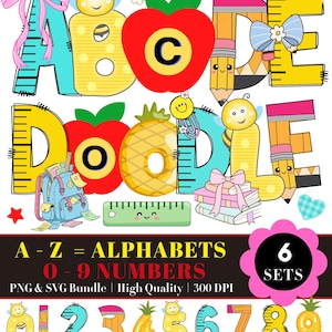 May include: A vibrant digital graphic showcasing the alphabet and numbers 0-9, adorned with school-related imagery. The letters and numbers are embellished with pencils, apples, and other playful illustrations. The image includes the text "A-Z = ALPHABETS 0-9 NUMBERS".