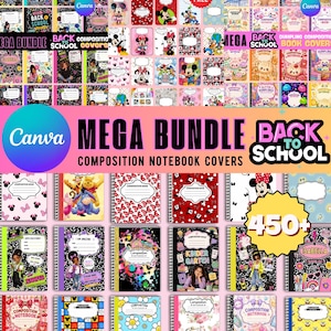 Modelos de capas de cadernos de composição editáveis, pacote completo de volta às aulas, capas de cadernos do Canva, capas de fichário escolar para imprimir