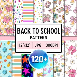 Könnte beinhalten: Eine digitale Sammlung von Mustern für den Schulanfang mit Bleistiften mit rosa Schleifen, bunten Buchstaben, Streifen, Sternen, Schulbussen, Globen, Rucksäcken und Regenbögen. Der Text lautet BACK TO SCHOOL PATTERN 12"x12" | JPG | 300DPI und 120+.