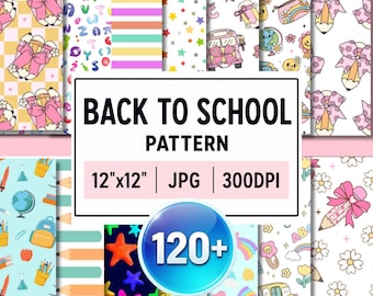 May include: A digital collection of back to school patterns featuring pencils with pink bows, colorful letters, stripes, stars, school buses, globes, backpacks, and rainbows. The text reads BACK TO SCHOOL PATTERN 12"x12" | JPG | 300DPI and 120+.