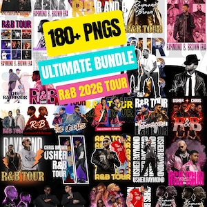 May include: A digital bundle of R&B tour graphics featuring Usher, Chris Brown, and Raymond Brown. The design includes multiple images with text overlays like "R&B Tour," "Ultimate Bundle," and "180+ PNGs." The color palette is vibrant, with red, yellow, and black.