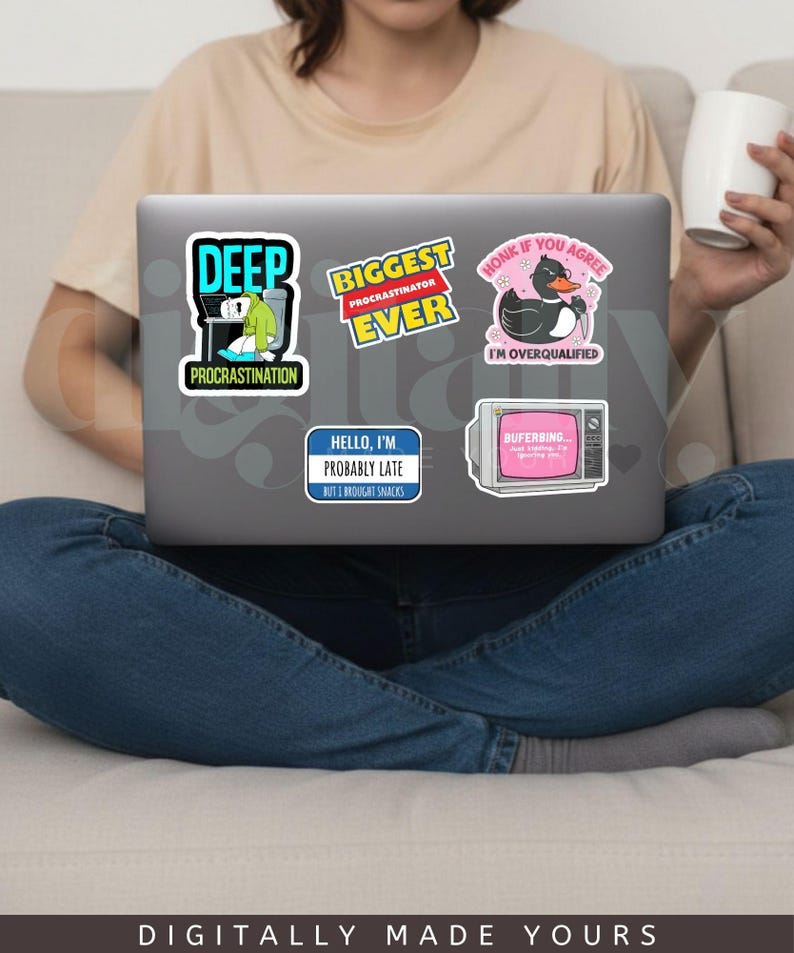 May include: A laptop covered in colorful stickers. The stickers feature phrases like "DEEP PROCRASTINATION", "BIGGEST PROCRASTINATOR EVER", and "HONK IF YOU AGREE I'M OVERQUALIFIED". Other stickers say "HELLO, I'M PROBABLY LATE BUT I BROUGHT SNACKS" and "BUFERBING".