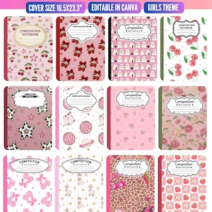 May include: A collection of twelve digital composition notebook covers featuring various pink-toned patterns including cherries, stars, ghosts, disco balls, cowboy boots, roses, and leopard print, with editable labels measuring 16.5 by 23.3 inches.