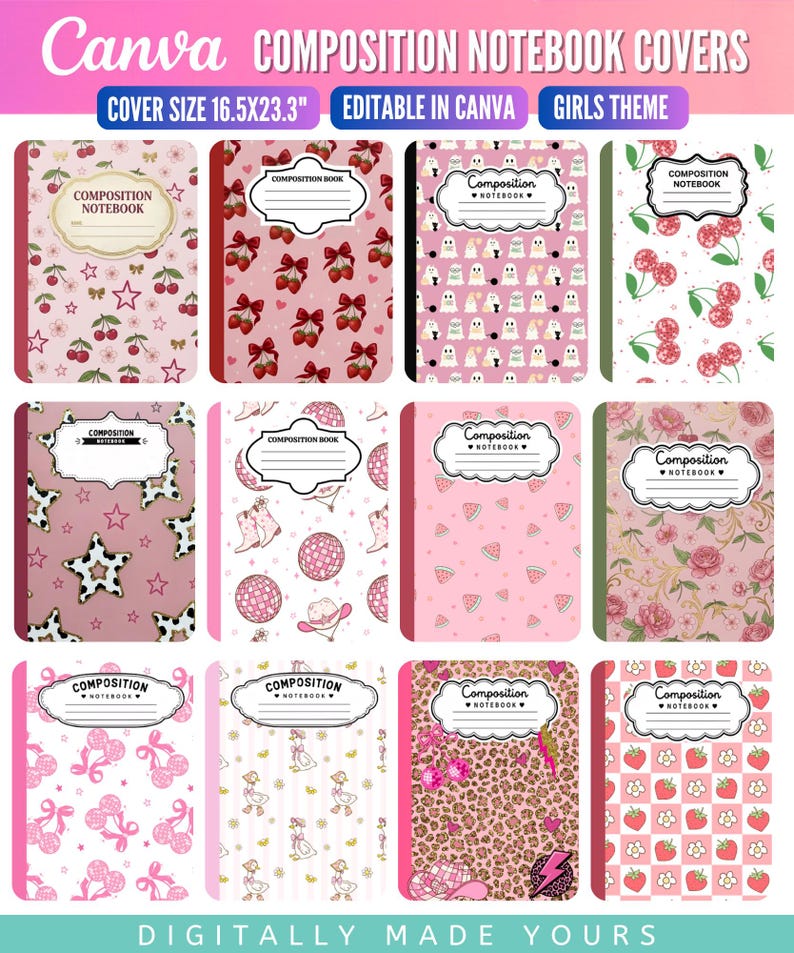 May include: A collection of twelve digital composition notebook covers featuring various pink-toned patterns including cherries, stars, ghosts, disco balls, cowboy boots, roses, and leopard print, with editable labels measuring 16.5 by 23.3 inches.