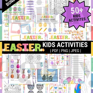May include: A digital Easter-themed activity bundle with over 50 kids' activities. The colorful pages include word scrambles, I Spy games, mazes, and coloring pages. The bundle is available in PDF, PNG, and JPEG formats.