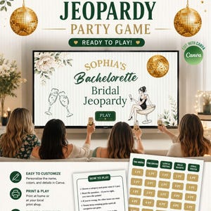 Retro Jeopardy Party Game Show Template, Bachelorette, Trivia Quiz for Hens Night,  Powerpoint Bridal Shower Games Canva Digital Download