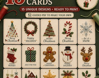 15 plantillas imprimibles para tarjetas navideñas bordadas, tarjetas navideñas DIY, patrón PDF guiado, manualidades navideñas hechas a mano, regalo gratis