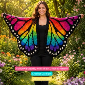 Può includere: Uno scialle all'uncinetto progettato per assomigliare ad ali di farfalla, caratterizzato da un vibrante gradiente arcobaleno di segmenti rossi, arancioni, gialli, verdi, blu e viola, delineati in nero con piccoli accenti floreali bianchi.