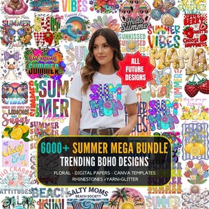 May include: A woman wearing a white t-shirt with a colorful "SUM MOM" graphic, surrounded by summer-themed digital designs. The image includes text like "Summer Vibes," "Beach," and "6000+ Summer Mega Bundle Trending Boho Designs."