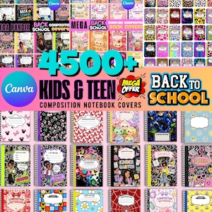 May include: A digital collection of 4500+ kids and teen composition notebook covers featuring diverse graphic designs including leopard prints, cartoon characters, floral patterns, and food illustrations with text like Back to School.