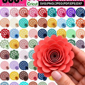 May include: A digital collection of 380+ flower origami rolled designs in SVG, PNG, JPEG, PDF, EPS, and DXF formats. The image displays numerous flat spiral paper templates in various colors alongside a finished three-dimensional red paper flower.