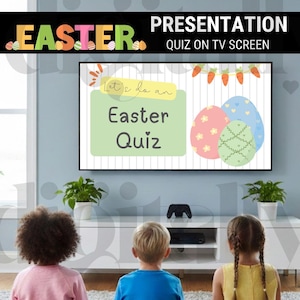 May include: A television screen shows an Easter quiz presentation with decorated eggs and carrot bunting. The word "EASTER" is in colourful letters. Three children are seated in front of the screen.