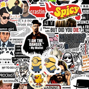 May include: A collage of various stickers with diverse designs and text. Notable stickers include a "Spicy" label, Minions, a duck with a knife, and the phrase "I AM THE DANGER." The stickers are of various sizes and colors.