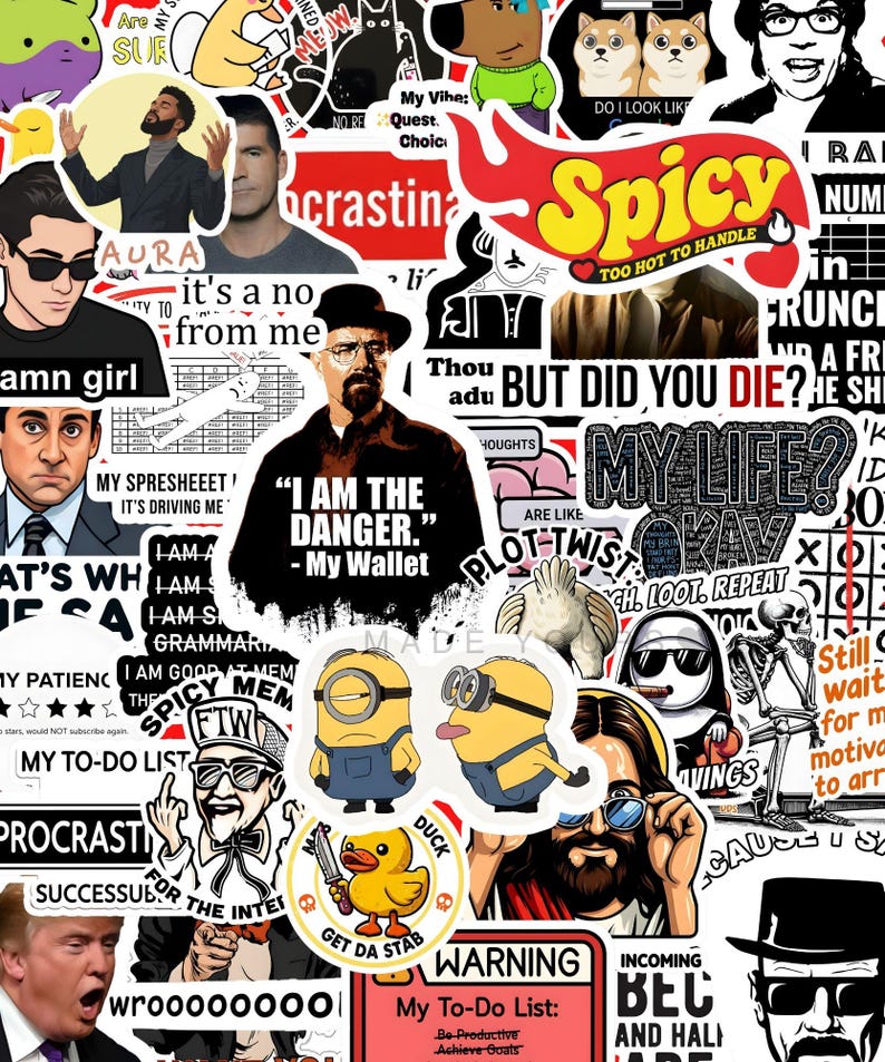 May include: A collage of various stickers with diverse designs and text. Notable stickers include a "Spicy" label, Minions, a duck with a knife, and the phrase "I AM THE DANGER." The stickers are of various sizes and colors.