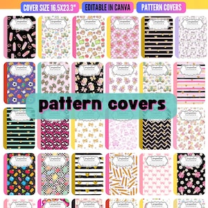 May include: A digital collection of thirty-six composition notebook covers featuring various patterns including hearts, pencils, bows, and school supplies. Each cover has a white label area with the text Composition Notebook. Size 16.5x23.3 inches.