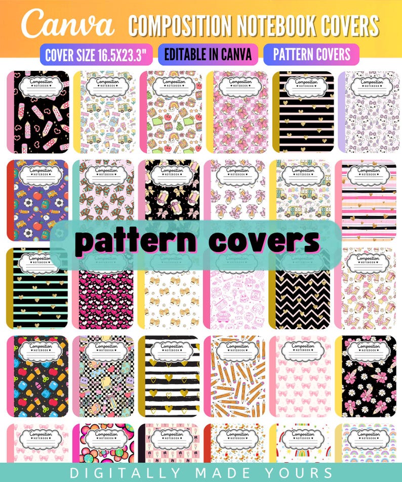 May include: A digital collection of thirty-six composition notebook covers featuring various patterns including hearts, pencils, bows, and school supplies. Each cover has a white label area with the text Composition Notebook. Size 16.5x23.3 inches.