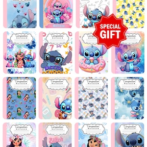 May include: A collection of sixteen composition notebooks featuring various illustrations of the character Stitch and Lilo. Each notebook has a white label at the top with the text Composition Notebook. A red starburst graphic reads SPECIAL GIFT.