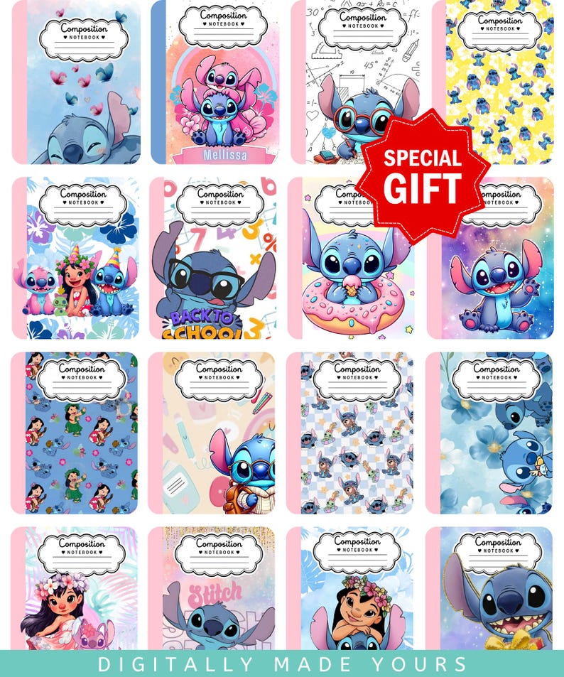 May include: A collection of sixteen composition notebooks featuring various illustrations of the character Stitch and Lilo. Each notebook has a white label at the top with the text Composition Notebook. A red starburst graphic reads SPECIAL GIFT.