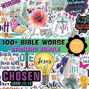 Op de afbeelding: Een verzameling kleurrijke stickers met religieuze thema's. De stickers bevatten zinnen als "Faith Moves Mountains" en "Chosen", samen met bloemen- en kruisontwerpen. De tekst "100+ Bible Verse Stickers Bundle" is ook zichtbaar.