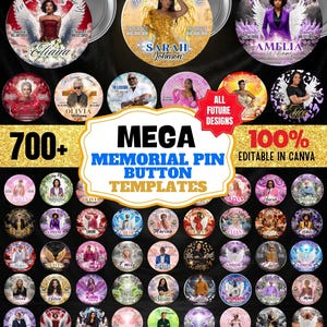 Puede incluir: Una colección de plantillas de botones de pines conmemorativos con varios diseños. Los pines muestran imágenes de personas con alas de ángel, detalles florales y el texto "In Loving Memory". La imagen incluye el texto "MEGA MEMORIAL PIN BUTTON TEMPLATES" y "100% EDITABLE IN CANVA".